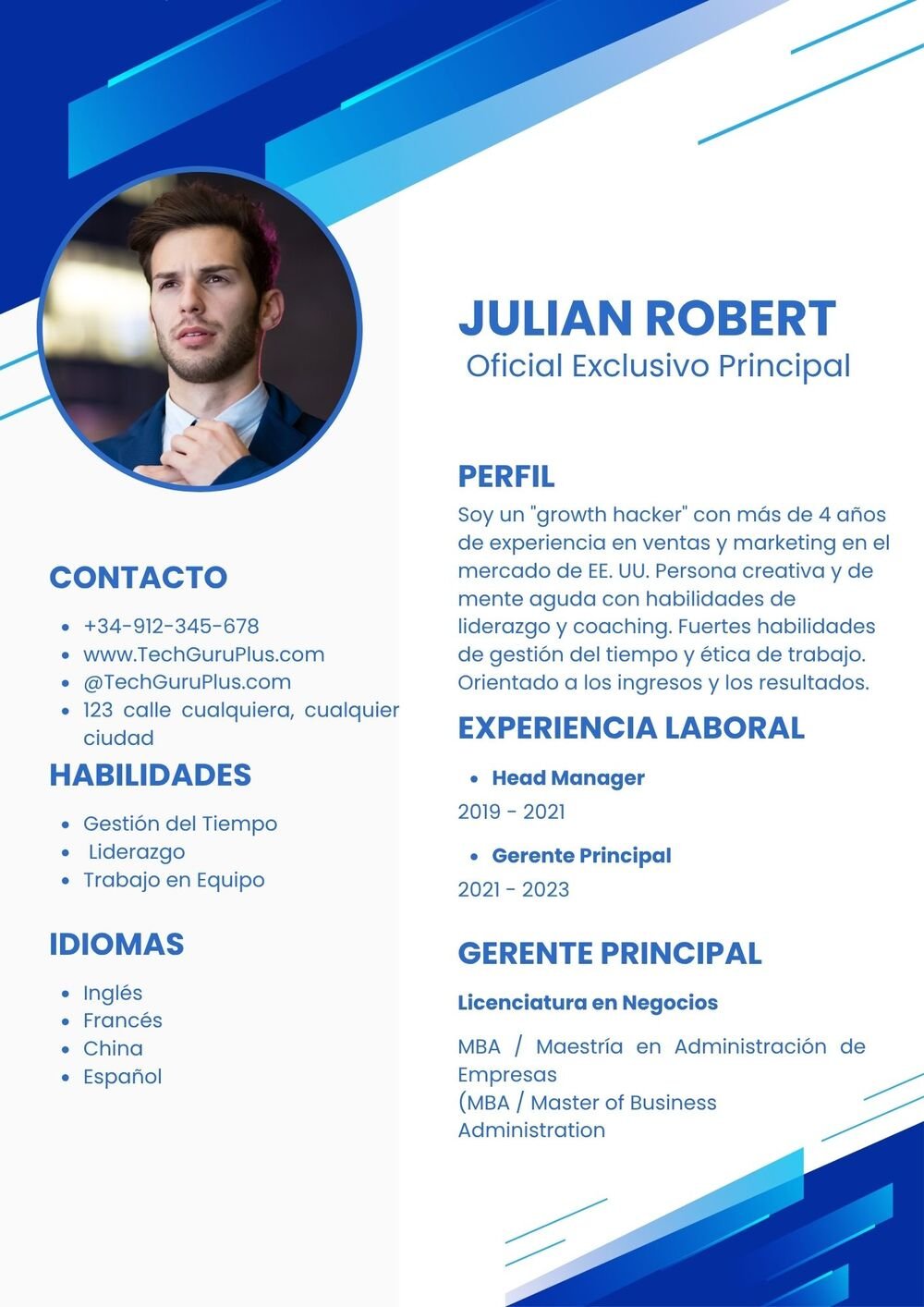 Plantilla de Currículum de Oficial Exclusivo Principal