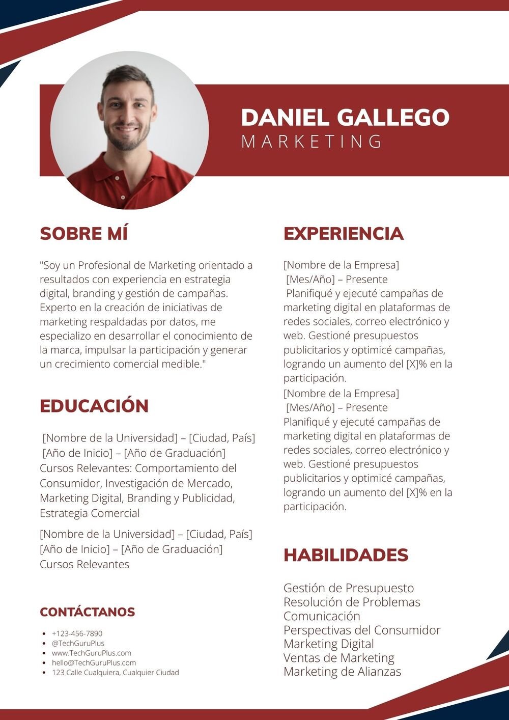 Plantilla de Currículum en Tonos Granate para Marketing