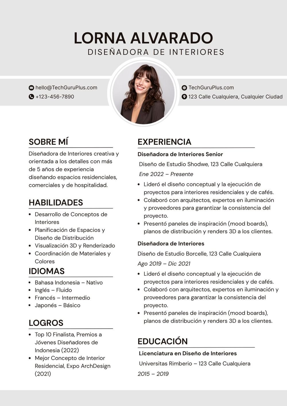 Plantilla de Currículum para Interiorismo