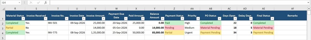 Purchase order invoice and payment tracking in Excel
