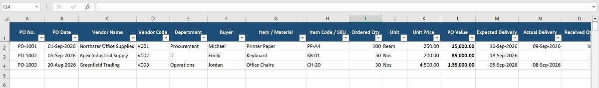 Purchase Order Tracker Excel spreadsheet with supplier, order, delivery and payment details